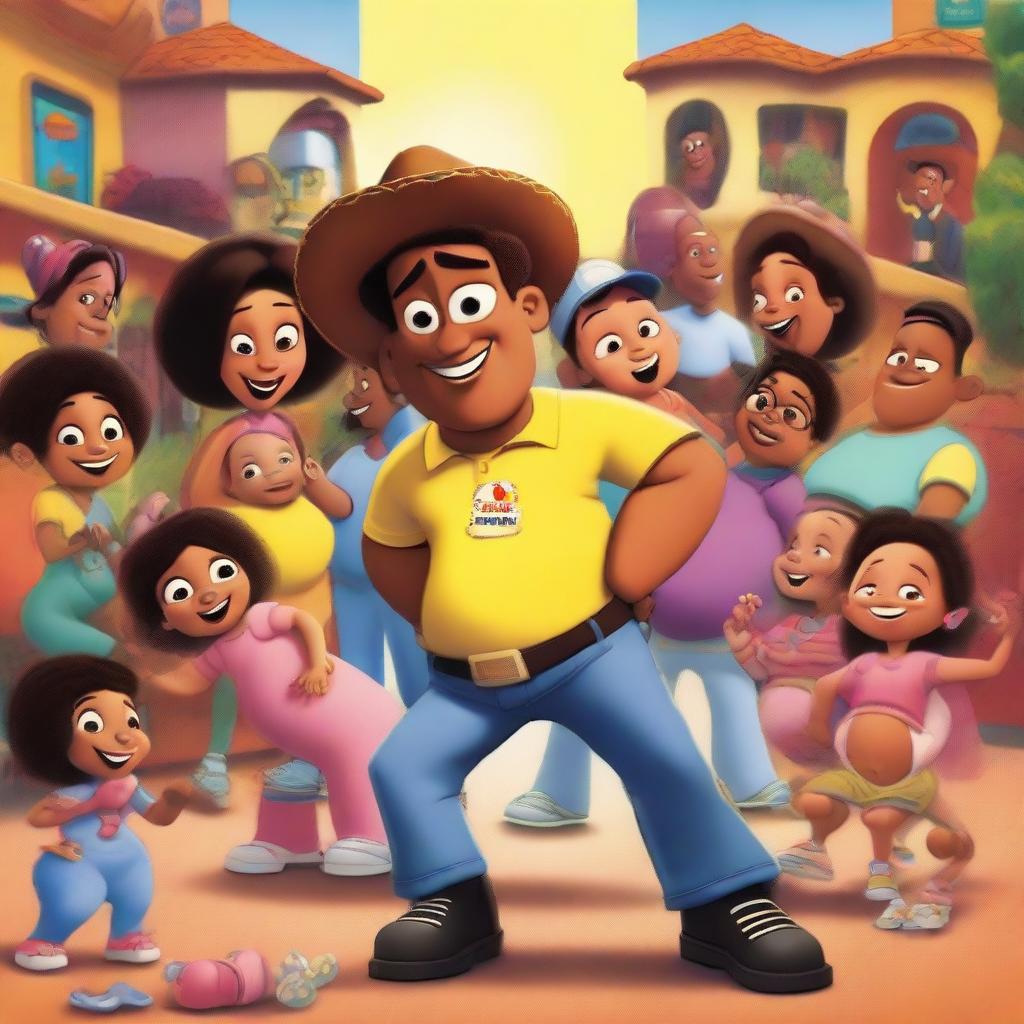 A Pixar movie poster titled 'El Preñador Serial' featuring a young Latin man, slim and dressed in rapper clothes, surrounded by many pregnant women and babies