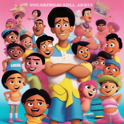 A Pixar movie poster titled 'El Preñador Serial' featuring a young Latin man, slim and dressed in rapper clothes, surrounded by many pregnant women and babies