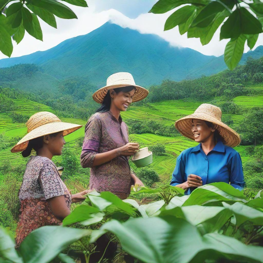 A vibrant and inspiring scene depicting the empowerment of Banyuwangi coffee farming communities