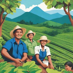 A vibrant and inspiring scene depicting the empowerment of Banyuwangi coffee farming communities