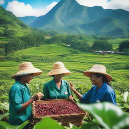 A vibrant and inspiring scene depicting the empowerment of Banyuwangi coffee farming communities