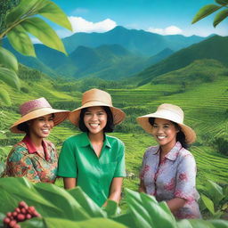 A vibrant and inspiring scene depicting the empowerment of Banyuwangi coffee farming communities