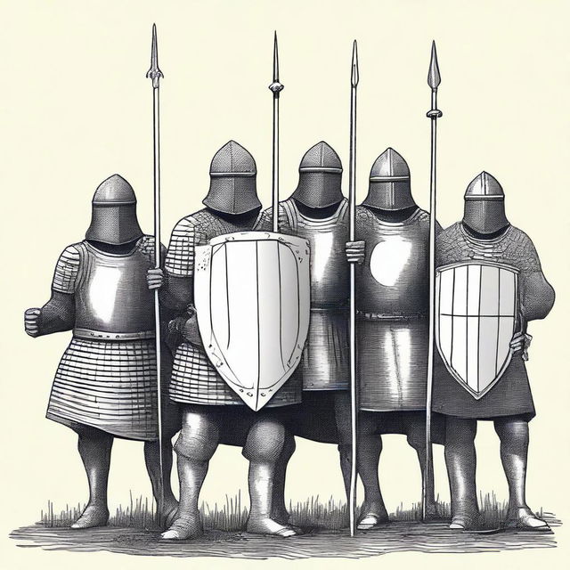 Create a detailed illustration of medieval men-at-arms with their faces obscured