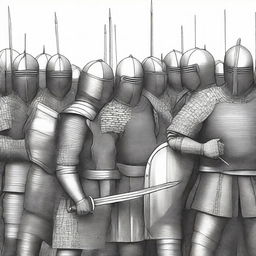 Create a detailed illustration of medieval men-at-arms with their faces obscured