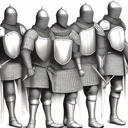 Create a detailed illustration of medieval men-at-arms with their faces obscured