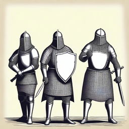 Create a detailed illustration of medieval men-at-arms with their faces obscured