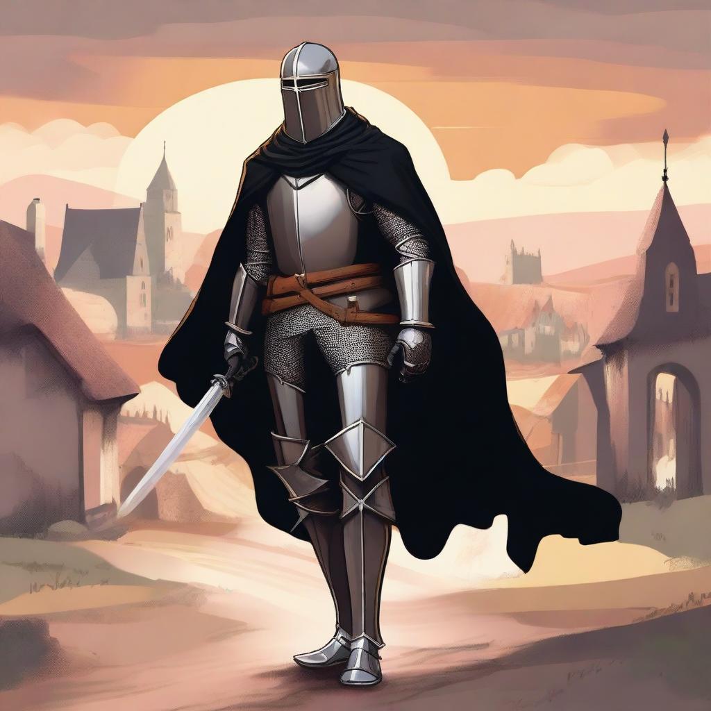 Illustration of a traveling knight wearing a black cape, standing on a dirt path with a medieval village in the background