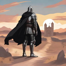 Illustration of a traveling knight wearing a black cape, standing on a dirt path with a medieval village in the background