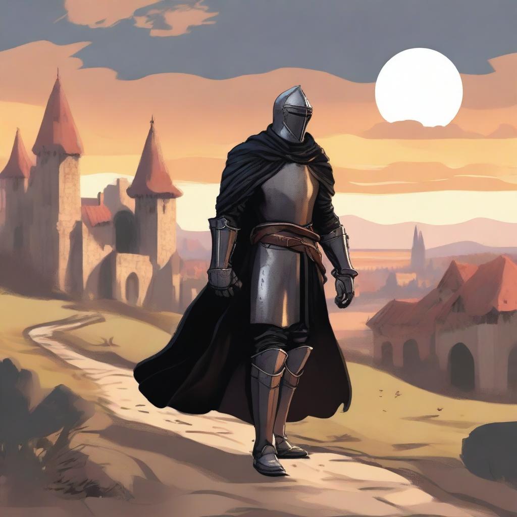 Illustration of a traveling knight wearing a black cape, standing on a dirt path with a medieval village in the background