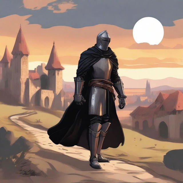 Illustration of a traveling knight wearing a black cape, standing on a dirt path with a medieval village in the background