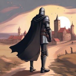 Illustration of a traveling knight wearing a black cape, standing on a dirt path with a medieval village in the background