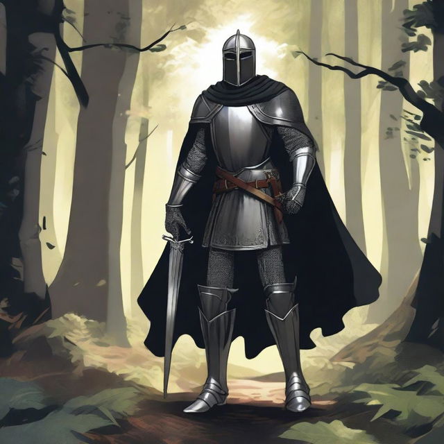 Illustration of a traveling knight wearing a black cape, standing in a dense forest