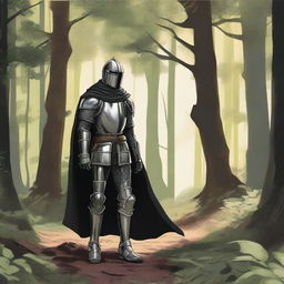 Illustration of a traveling knight wearing a black cape, standing in a dense forest