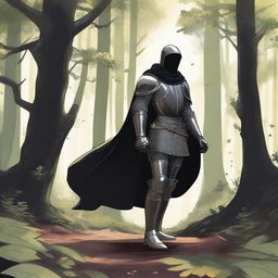 Illustration of a traveling knight wearing a black cape, standing in a dense forest