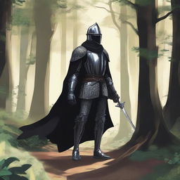 Illustration of a traveling knight wearing a black cape, standing in a dense forest