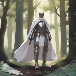 Illustration of a traveling knight wearing a white cape, standing in a dense forest