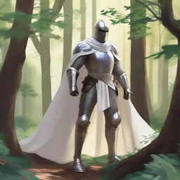 Illustration of a traveling knight wearing a white cape, standing in a dense forest