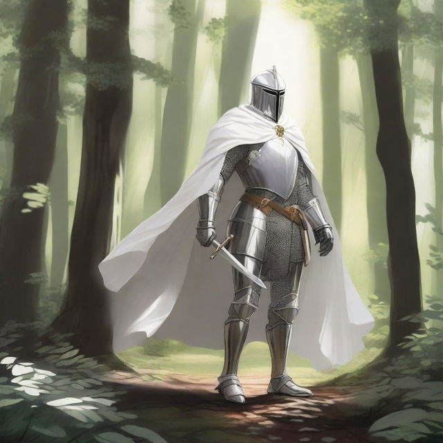 Illustration of a traveling knight wearing a white cape, standing in a dense forest