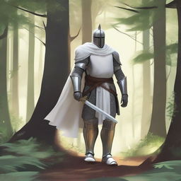 Illustration of a traveling knight wearing a white cape, standing in a dense forest