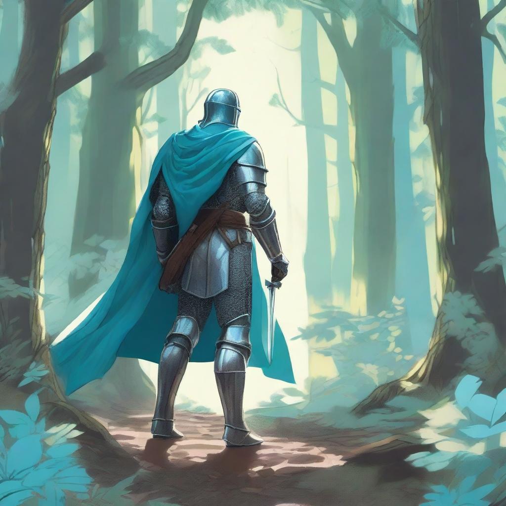 Illustration of a traveling knight wearing a cyan cape, standing in a dense forest