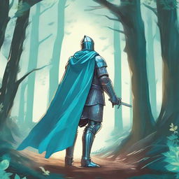 Illustration of a traveling knight wearing a cyan cape, standing in a dense forest