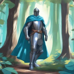 Illustration of a traveling knight wearing a cyan cape, standing in a dense forest