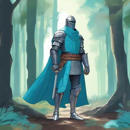 Illustration of a traveling knight wearing a cyan cape, standing in a dense forest