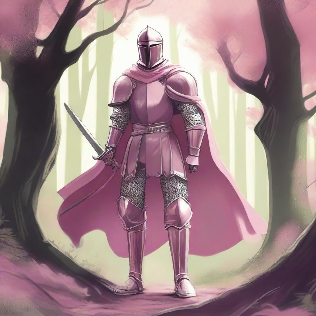 Illustration of a traveling knight wearing a pink cape, standing in a dense forest