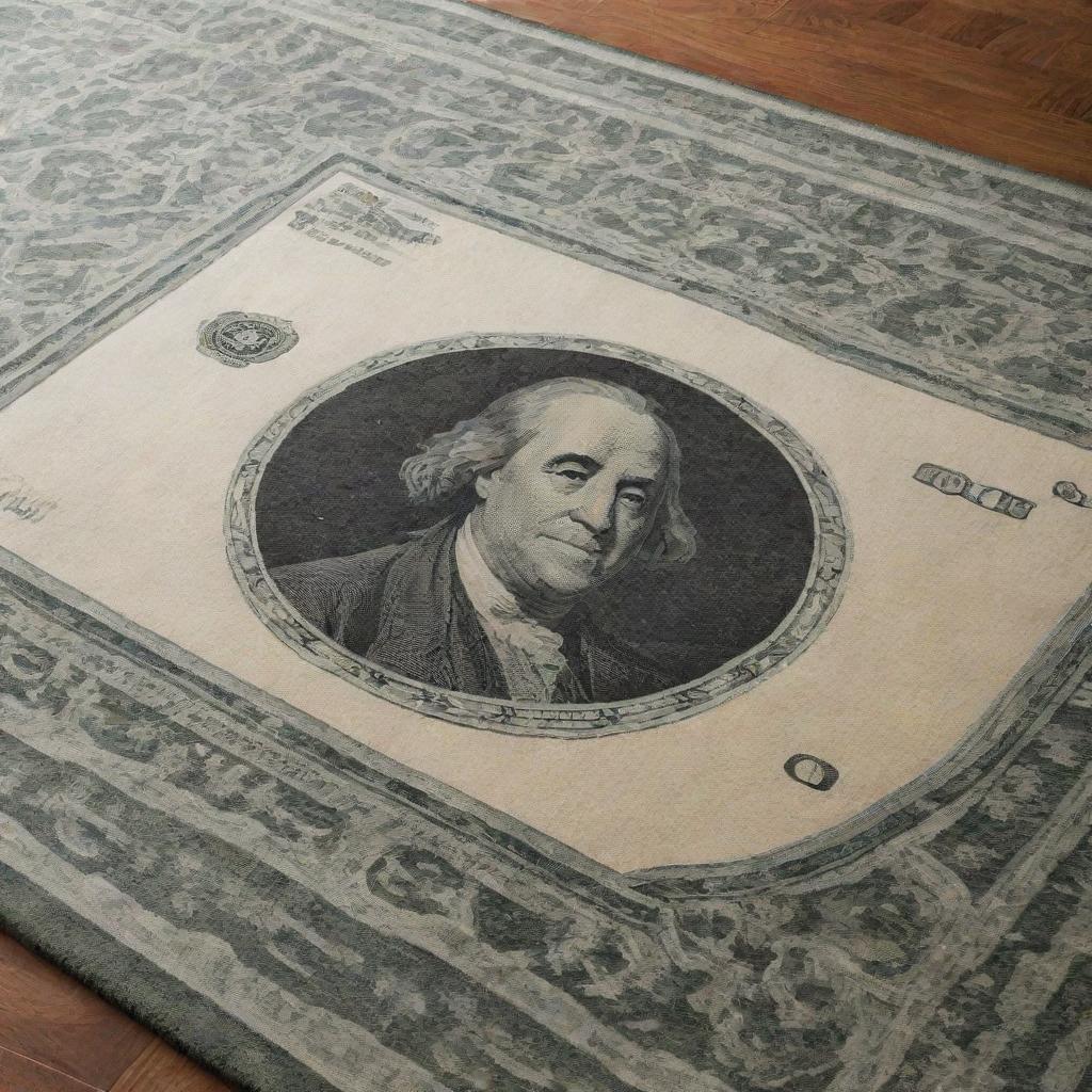 A plush carpet, artistically woven with a vibrant design taking inspiration from a 100 US dollar bill