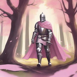 Illustration of a traveling knight wearing a pink cape, standing in a dense forest