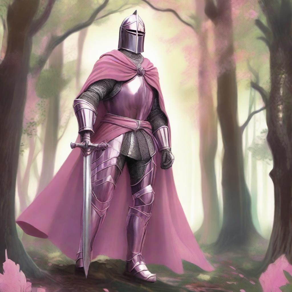 Illustration of a traveling knight wearing a pink cape, standing in a dense forest