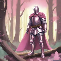 Illustration of a traveling knight wearing a pink cape, standing in a dense forest