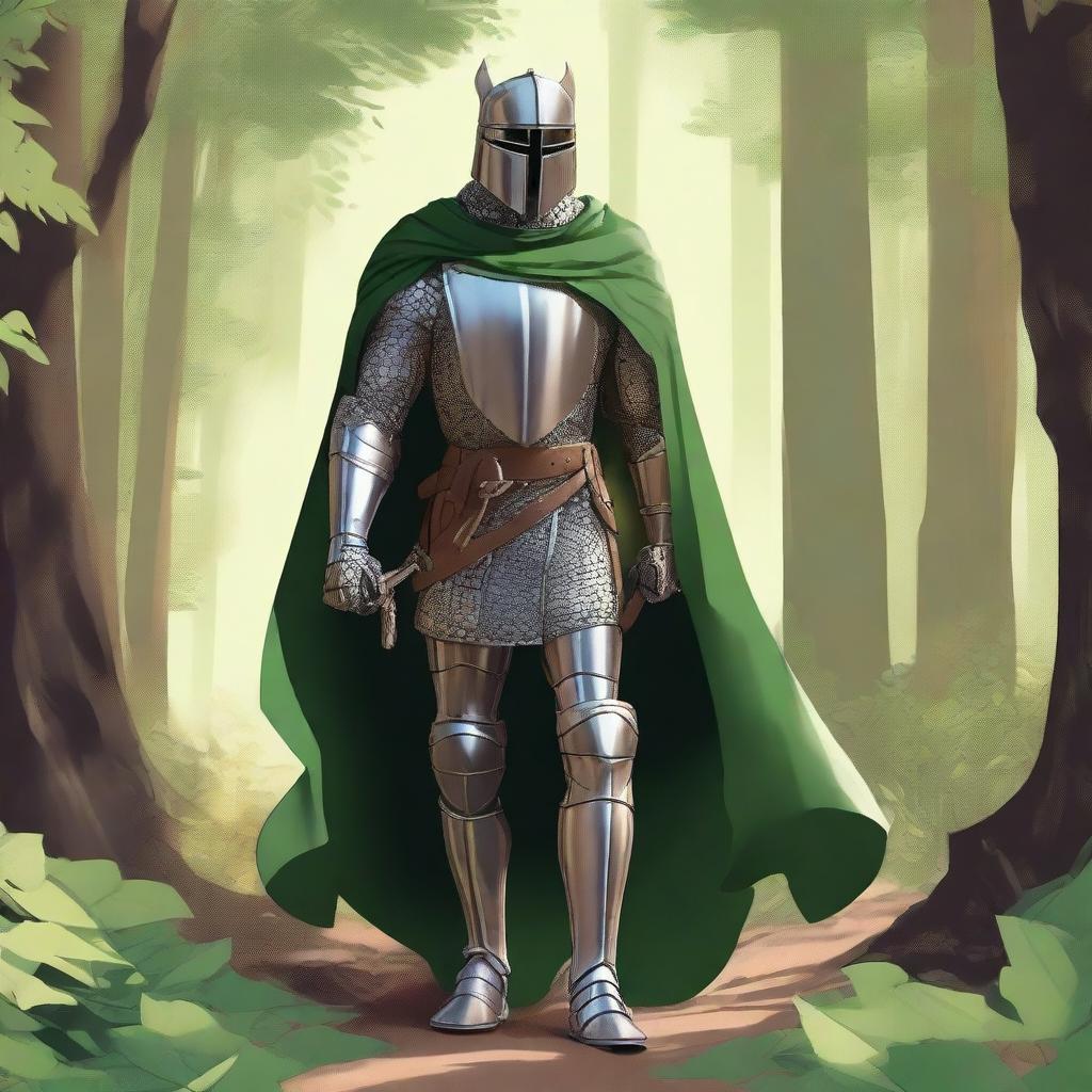 Illustration of a traveling knight wearing a green cape, standing in a dense forest