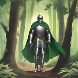 Illustration of a traveling knight wearing a green cape, standing in a dense forest