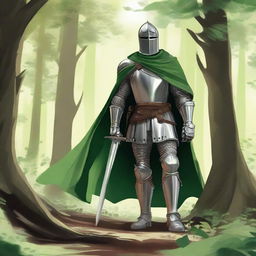 Illustration of a traveling knight wearing a green cape, standing in a dense forest