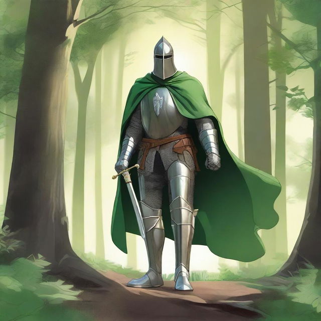 Illustration of a traveling knight wearing a green cape, standing in a dense forest