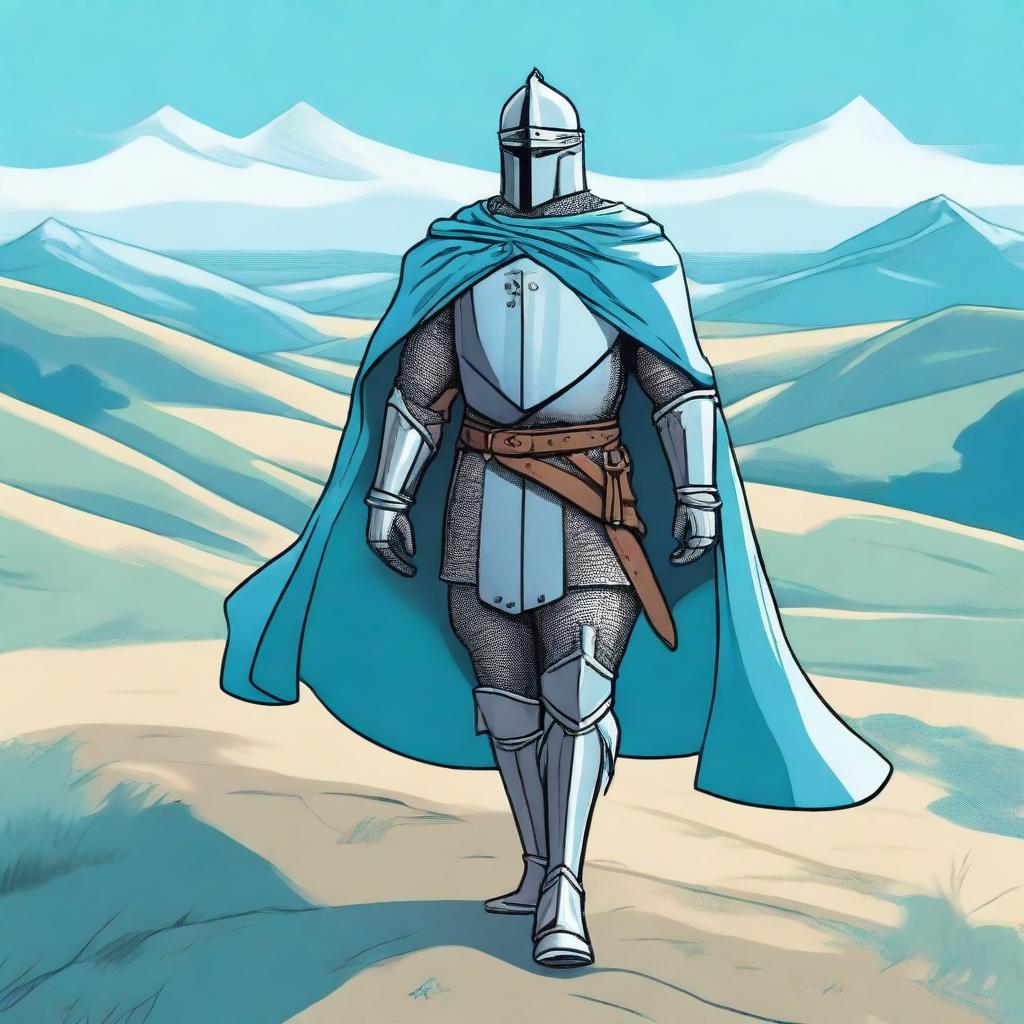 Illustration of a traveling knight wearing a cyan cape, standing in an open landscape