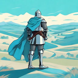 Illustration of a traveling knight wearing a cyan cape, standing in an open landscape