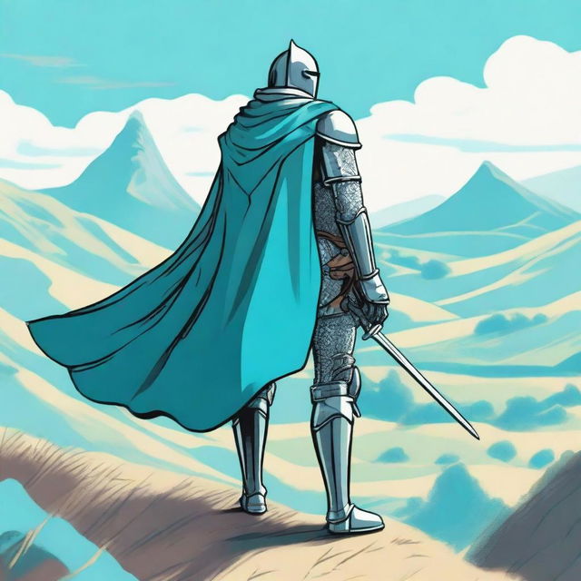 Illustration of a traveling knight wearing a cyan cape, standing in an open landscape