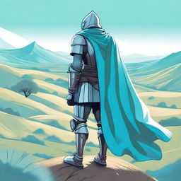 Illustration of a traveling knight wearing a cyan cape, standing in an open landscape