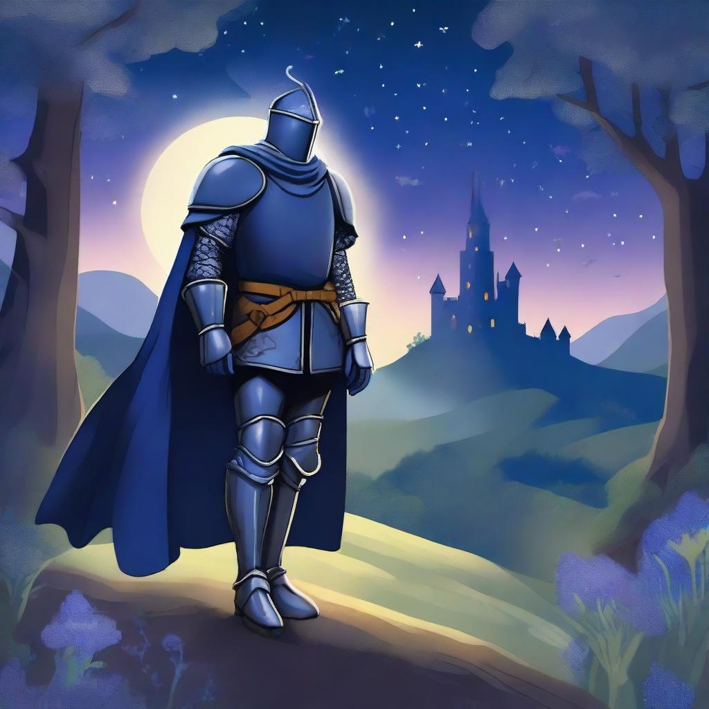 Illustration of a traveling knight wearing an indigo cape, standing in a mystical landscape