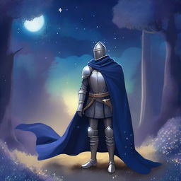 Illustration of a traveling knight wearing an indigo cape, standing in a mystical landscape