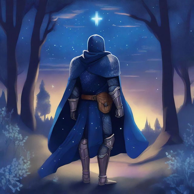 Illustration of a traveling knight wearing an indigo cape, standing in a mystical landscape