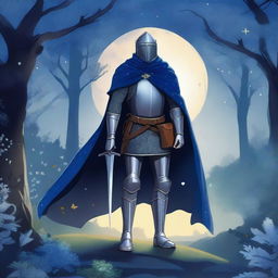 Illustration of a traveling knight wearing an indigo cape, standing in a mystical landscape