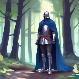 Illustration of a traveling knight wearing an indigo cape, standing in a dense forest