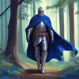 Illustration of a traveling knight wearing an indigo cape, standing in a dense forest