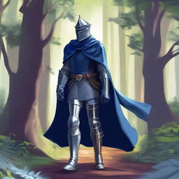 Illustration of a traveling knight wearing an indigo cape, standing in a dense forest