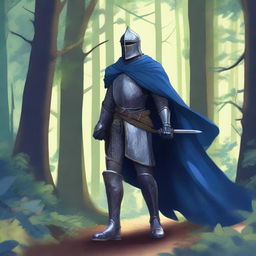 Illustration of a traveling knight wearing an indigo cape, standing in a dense forest