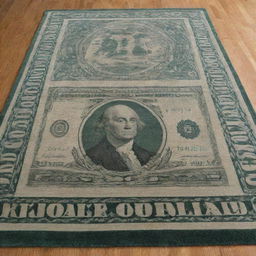 A plush carpet, artistically woven with a vibrant design taking inspiration from a 100 US dollar bill