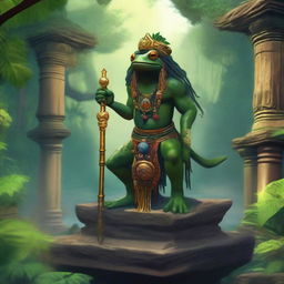 A majestic Grung frog person god standing atop a stone altar in a lush jungle